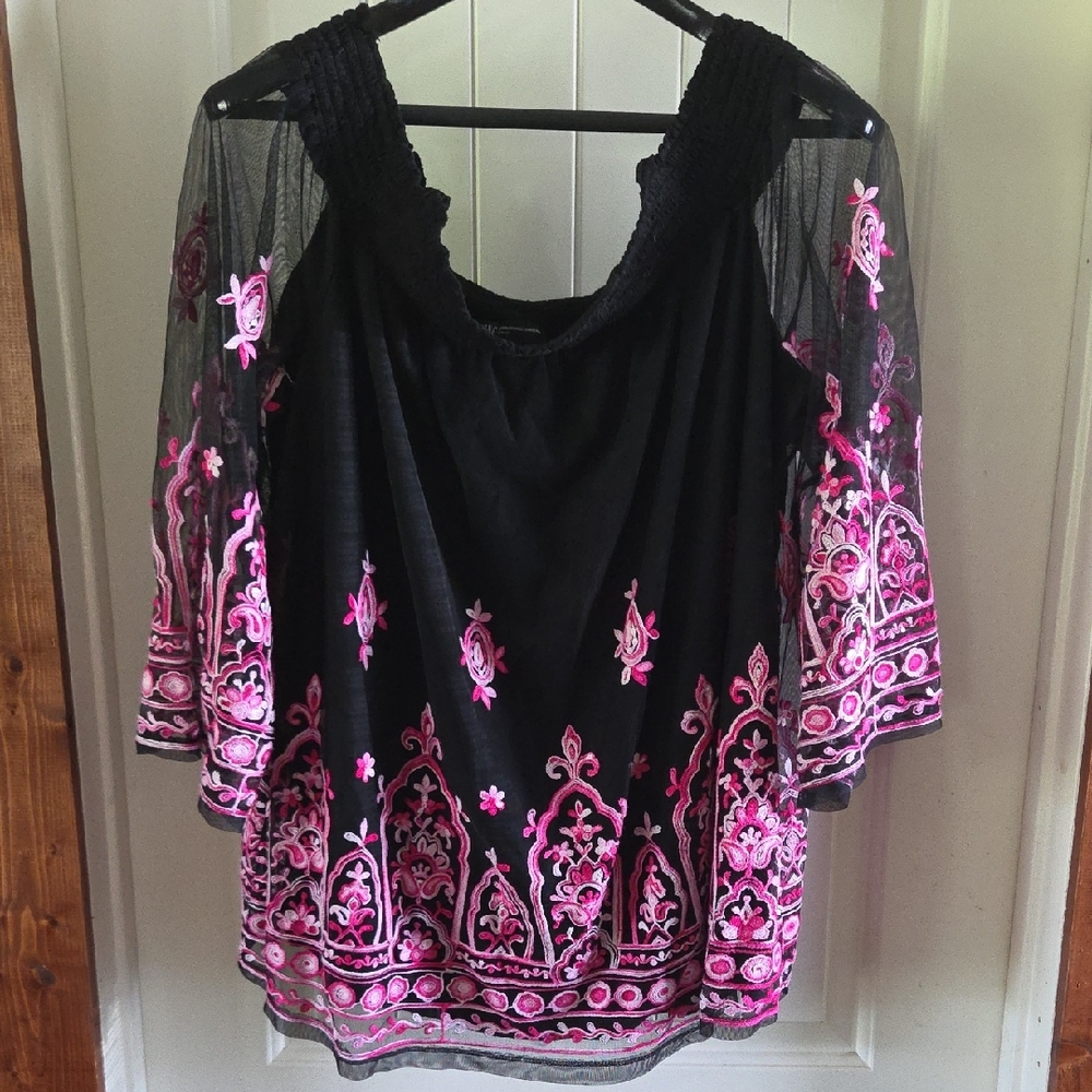 INC International Concepts Black Top with Pink Embroidery